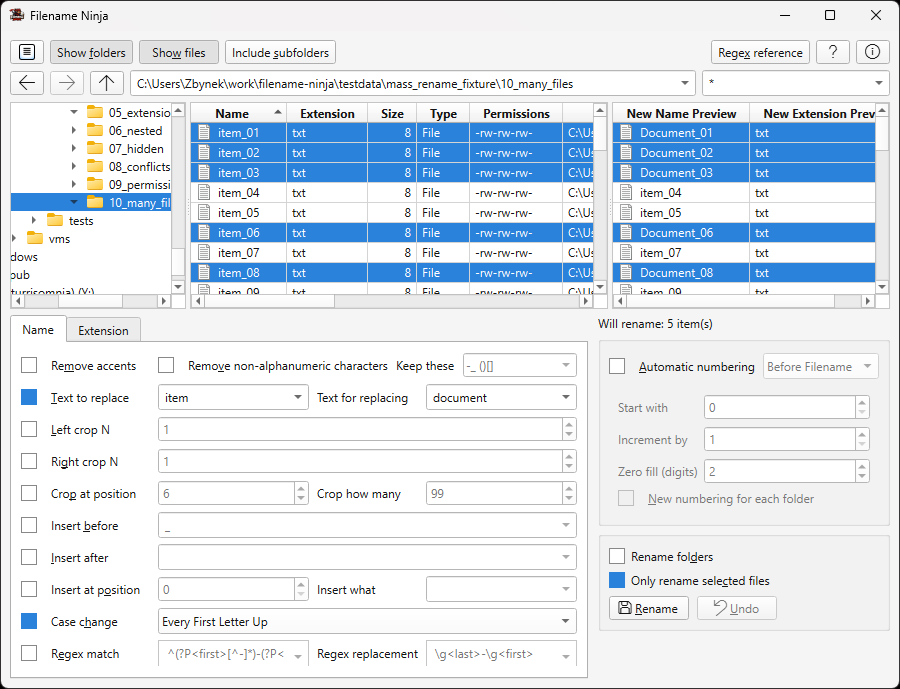 Selection-only rename and confirmation dialog