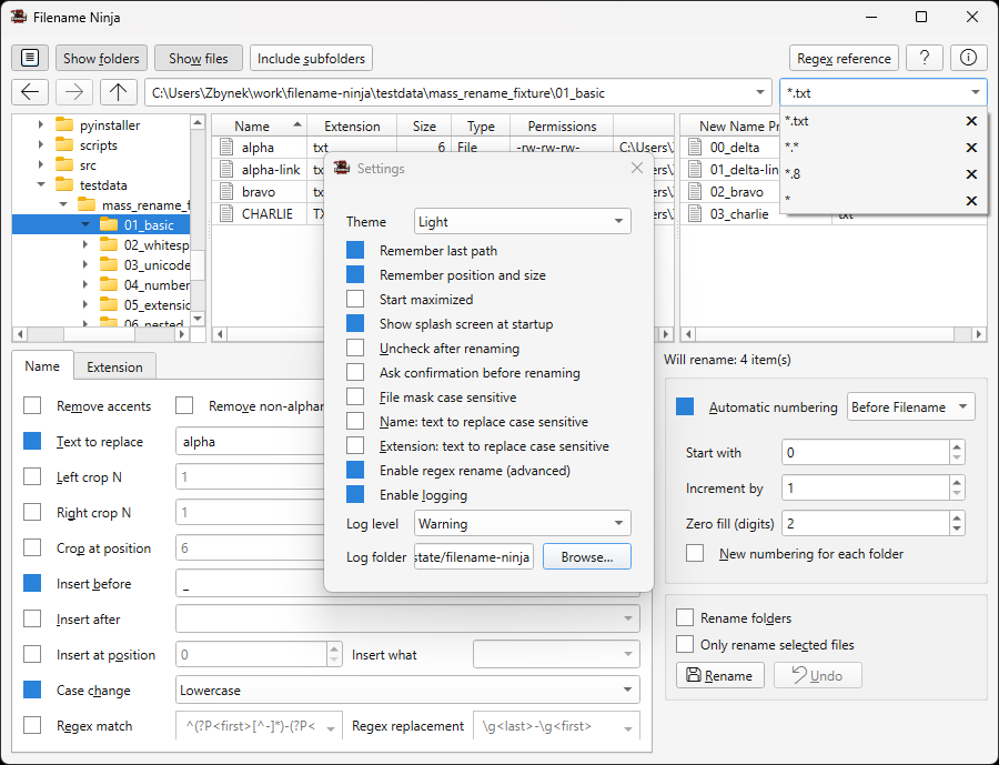 Settings dialog with logging and history options